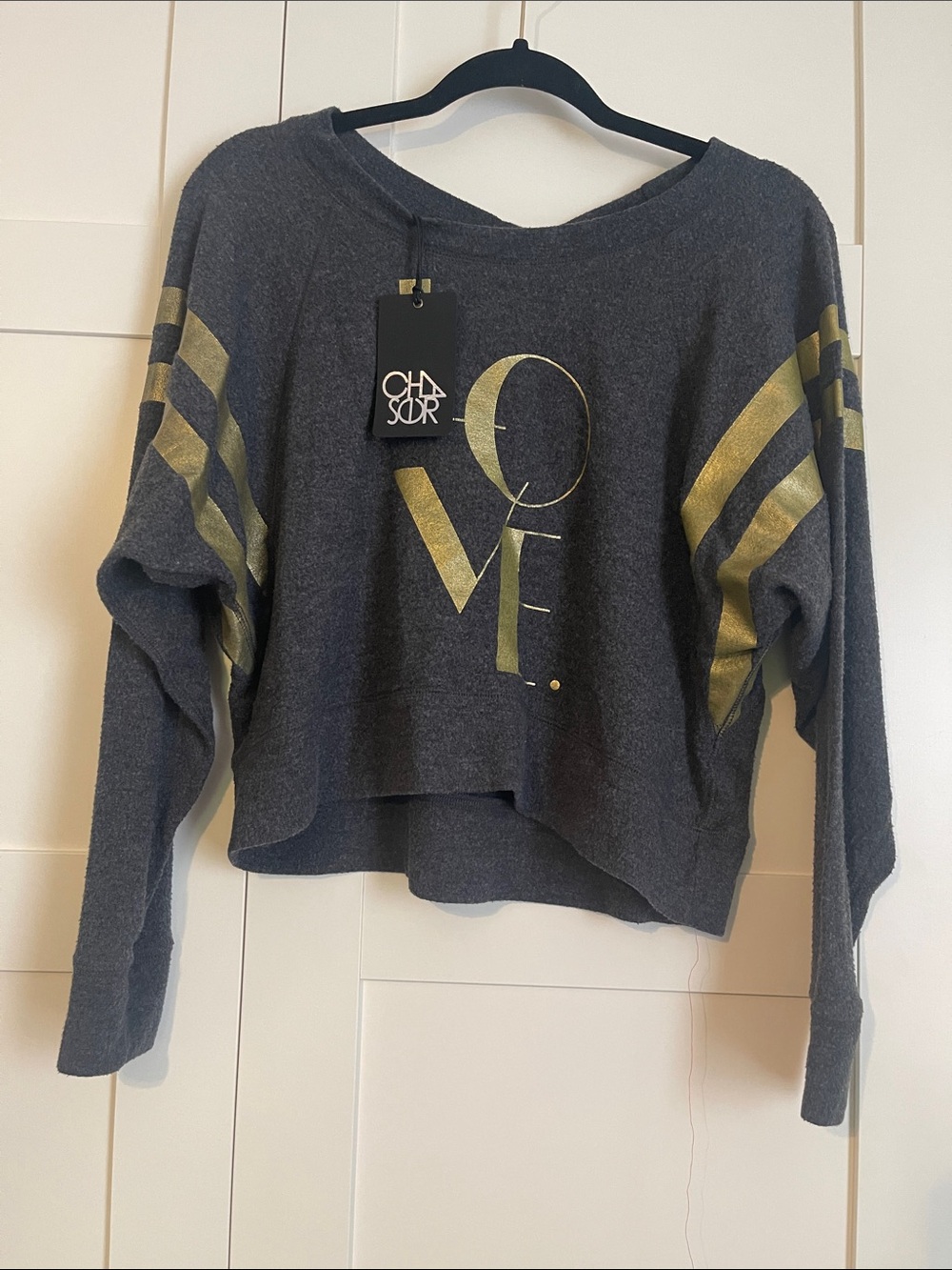 Chaser Charcoal Gray Cropped Crewneck Sweater with Gold Graphic